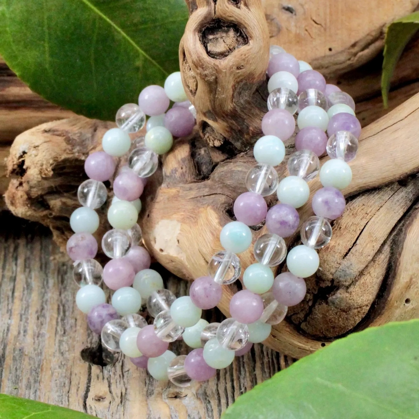 Amazonite, Lepidolite and Clear Quartz Bracelet Set for Stress Relief (8mm)