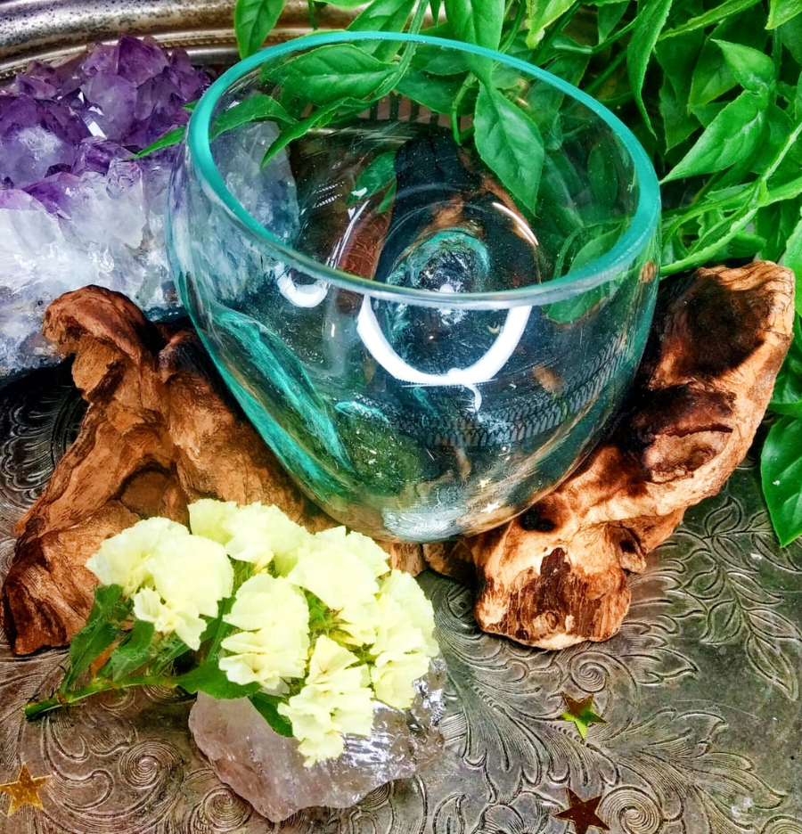 Crystal Display Glass Slump Bowl with Driftwood Base - Spirit and Stardust