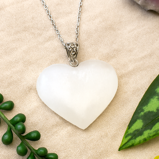 Selenite Heart Pendant Necklace (30mm)