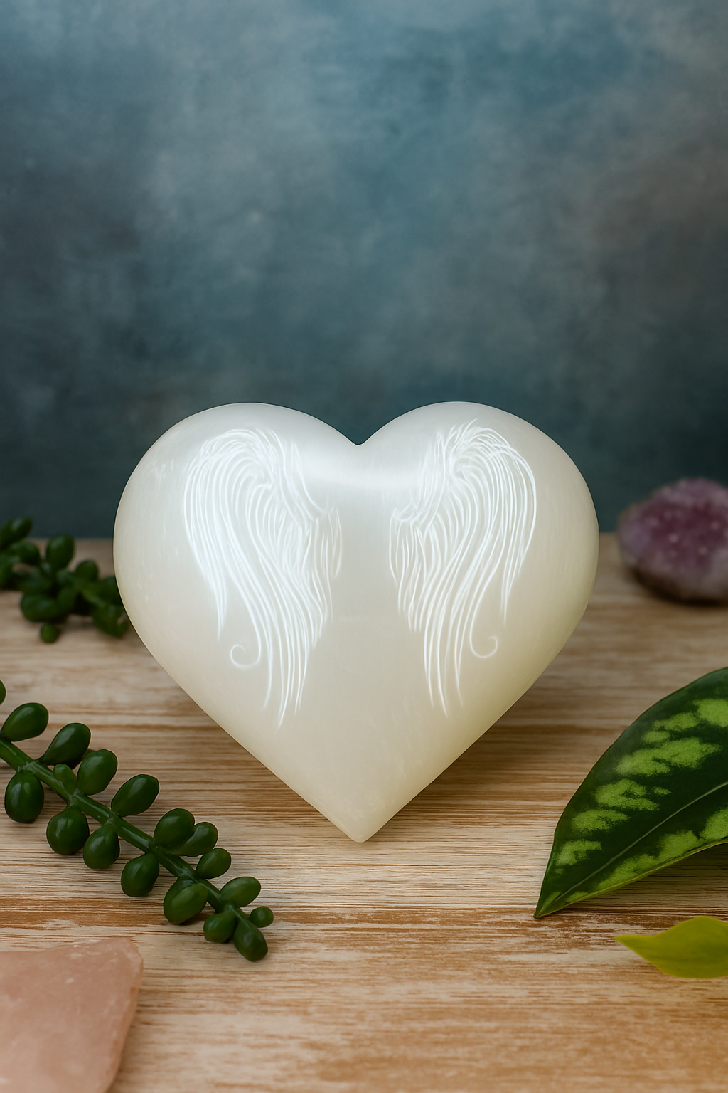Selenite Heart with Angel Wings Engraving (70mm)