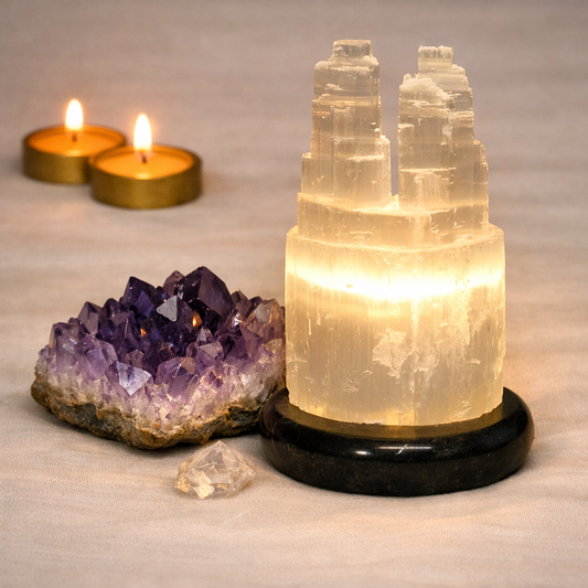 Selenite Twin Tower Lamp (20cm)