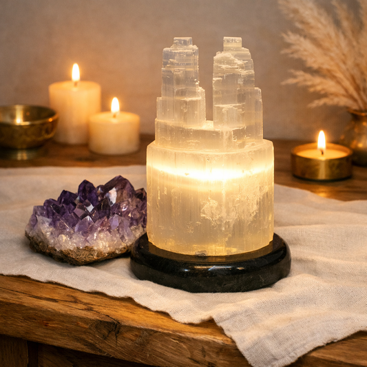 Selenite Twin Tower Lamp (20cm)