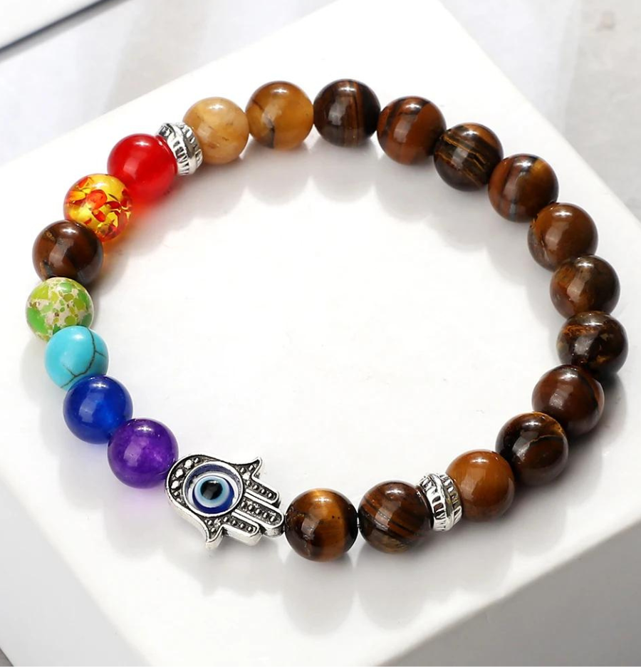 Seven Chakra, Tigers Eye and Evil Eye Bracelet For Protection (8mm)