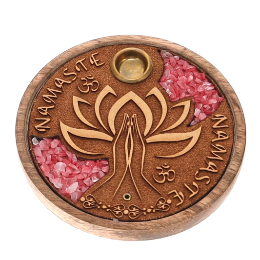 Wood Incense Burner – Namaste Rose Quartz Inlay (10cm)