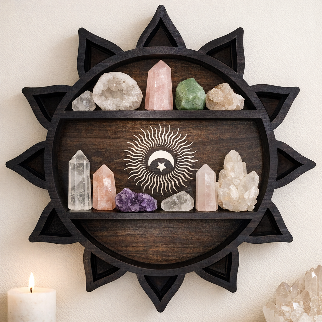 Sun & Moon Wooden Crystal Display Shelf