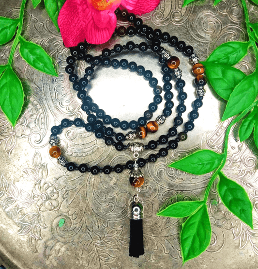Black Obsidian and Tiger's Eye Crystal Mala Bead Necklace - Spirit and Stardust