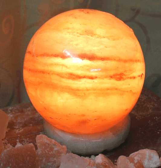 Pink Himalayan Salt Sphere Lamp on Polished Stone Base (17cm) - Spirit and Stardust