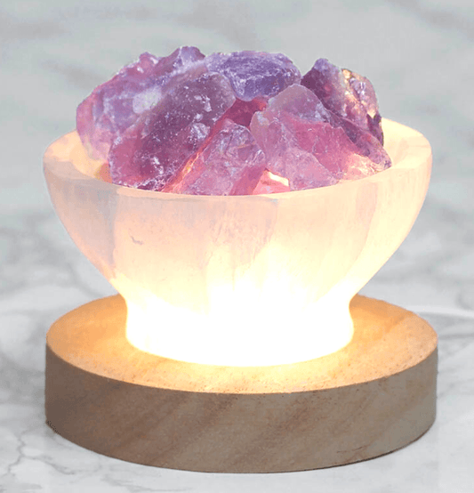 Raw Amethyst and Selenite Bowl Lamp - Spirit and Stardust
