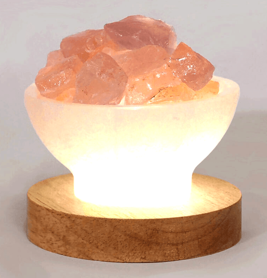 Raw Rose Quartz and Selenite Bowl Lamp - Spirit and Stardust