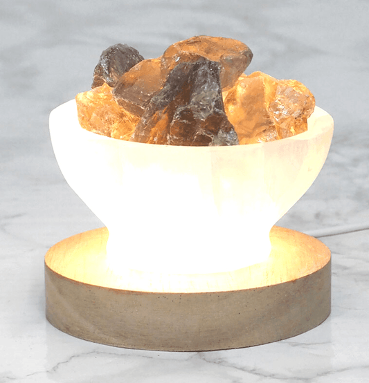 Raw Smoky Quartz and Selenite Bowl Lamp - Spirit and Stardust