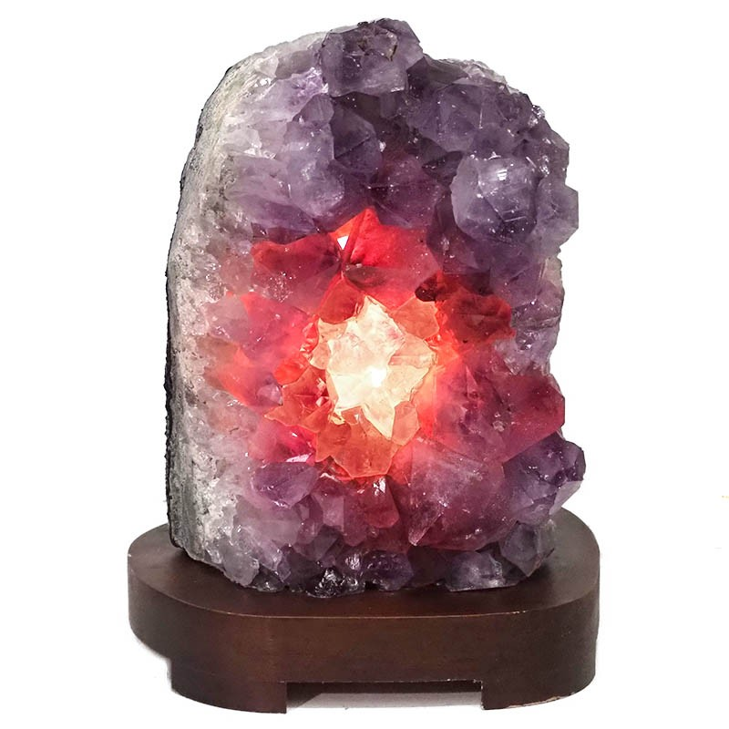 Amethyst Cluster Lamp on Wooden Base