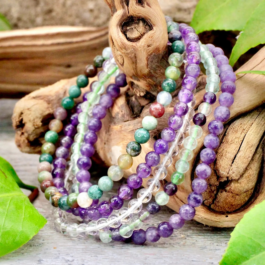 Amethyst, Lepidolite, Quartz, Rainbow Jasper, and Fluorite Bracelet Set for Sacred Balance (4mm)