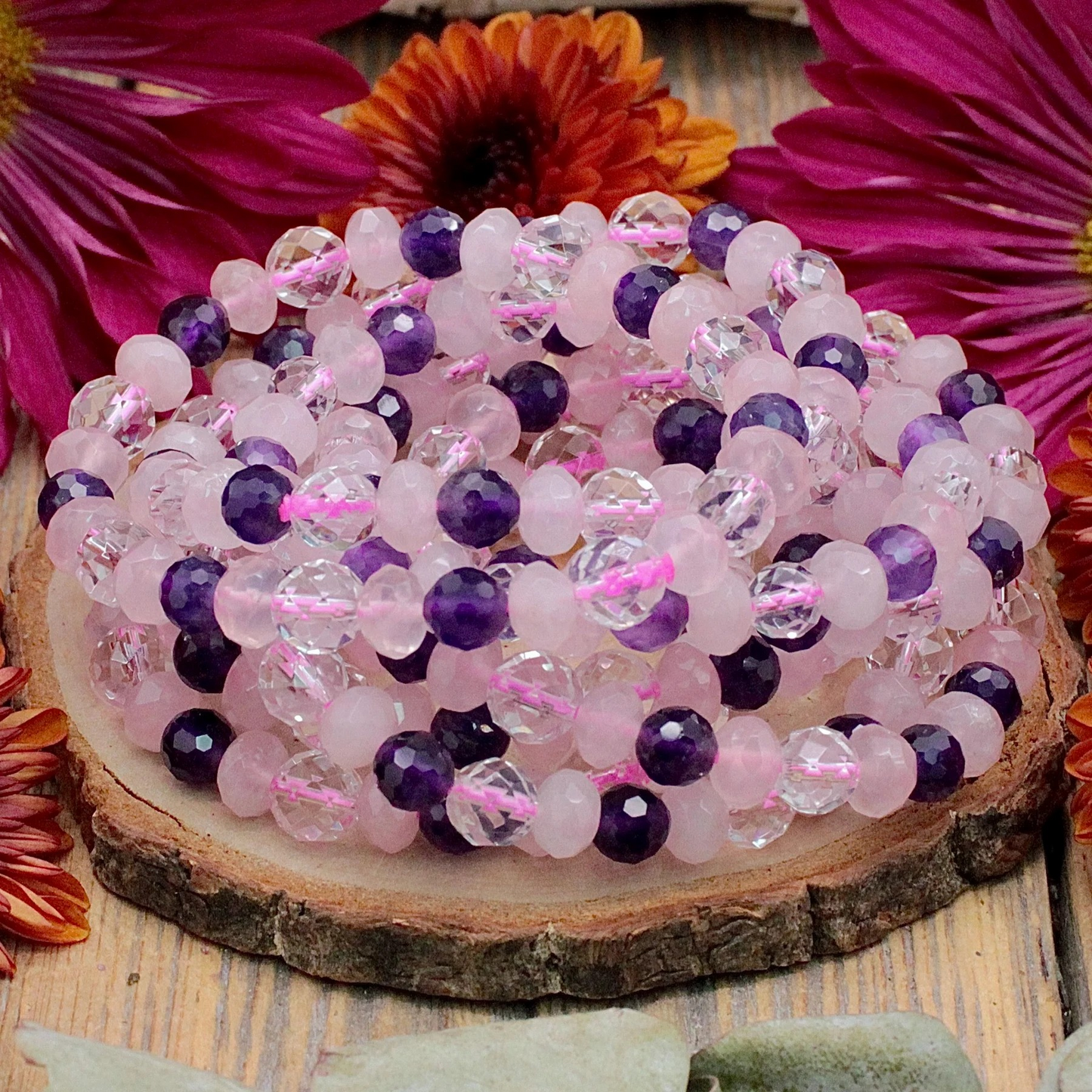 Amethyst, Pink Tourmaline and Clear Quartz Bracelet For Calm, Love & Clarity (Faceted)
