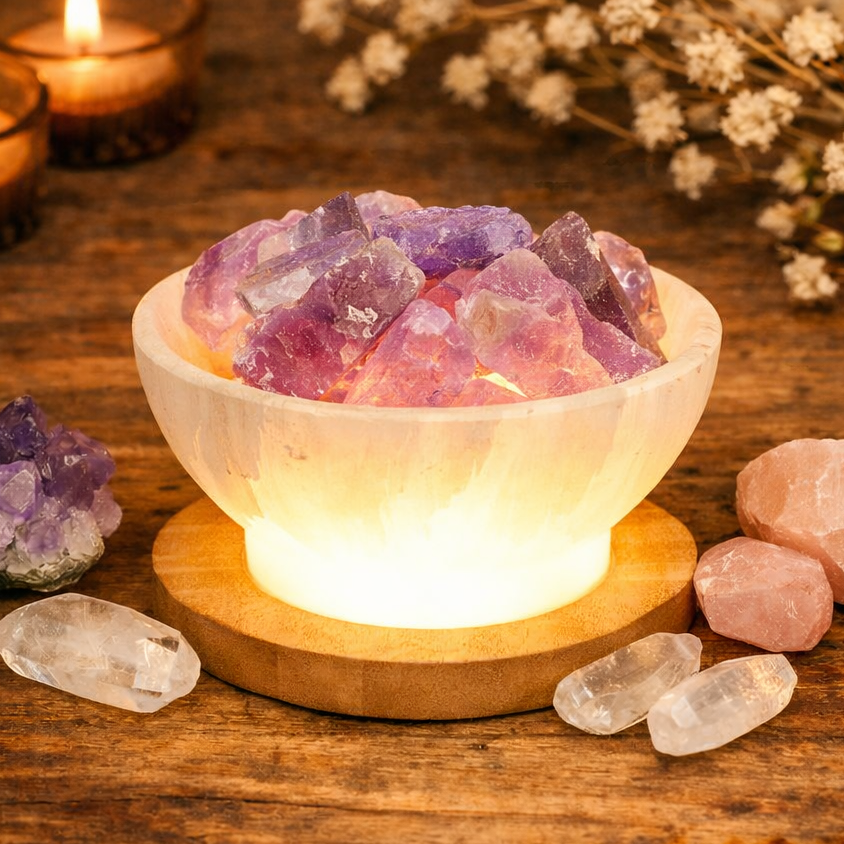 Raw Amethyst and Selenite Bowl Lamp