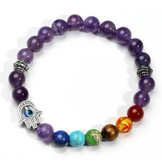 Seven Chakra, Amethyst and Evil Eye Bracelet For Manifestation (8mm)