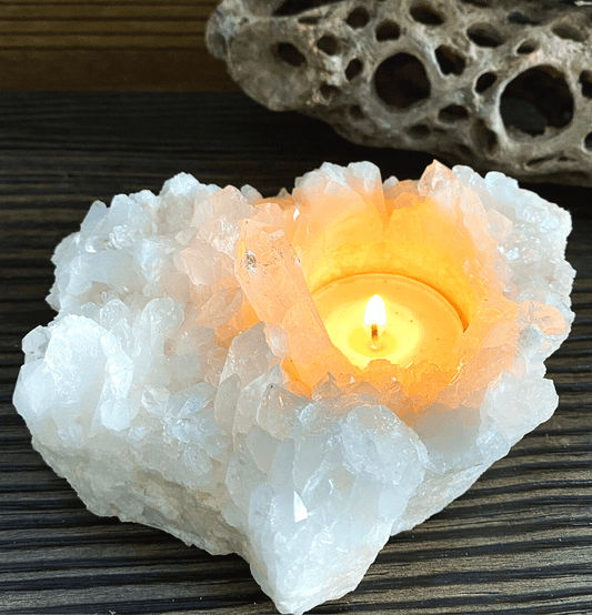 Clear Quartz Druze Crystal Candle Holder (Raw) - Spirit and Stardust