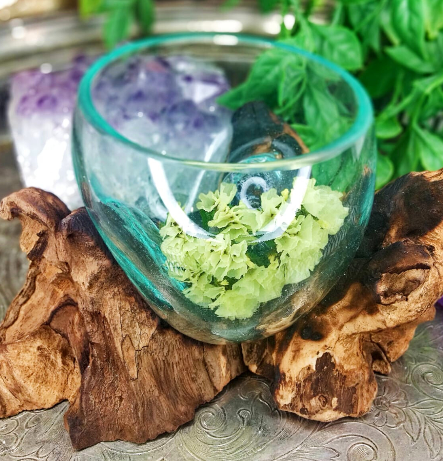 Crystal Display Glass Slump Bowl with Driftwood Base - Spirit and Stardust