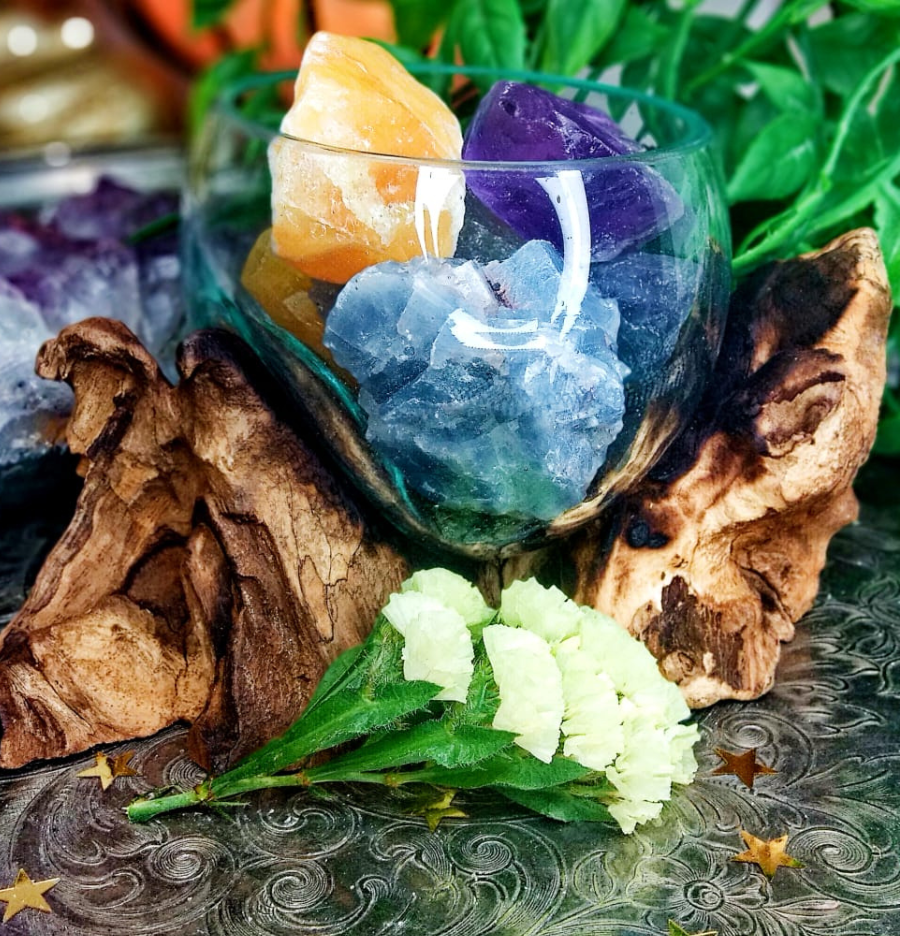 Crystal Display Glass Slump Bowl with Driftwood Base - Spirit and Stardust