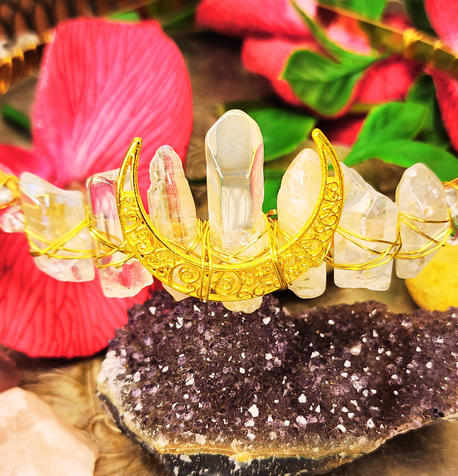 Goddess Crown - Clear Quartz & Gold Crescent Moon