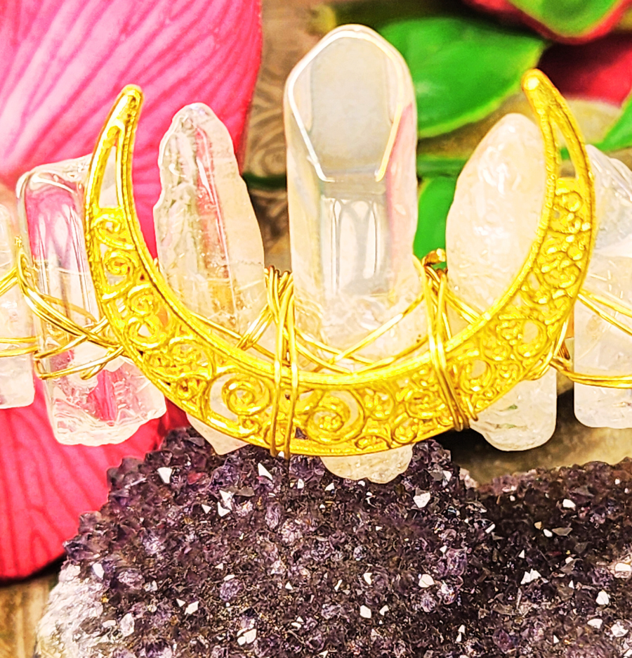 Goddess Crown - Clear Quartz & Gold Crescent Moon