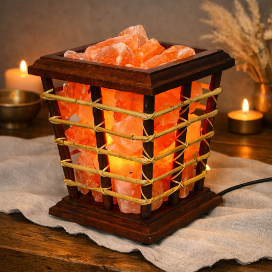 Himalayan Salt Chunks Bamboo Fire Basket Lamp