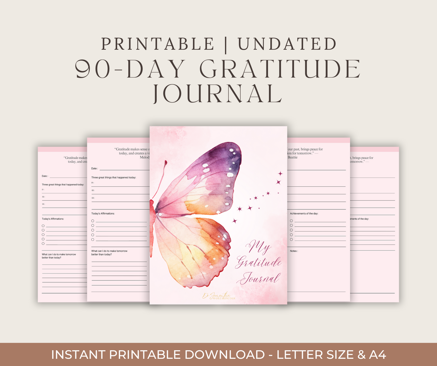 90-Day Gratitude Journal with Daily Quotes - Digital Download