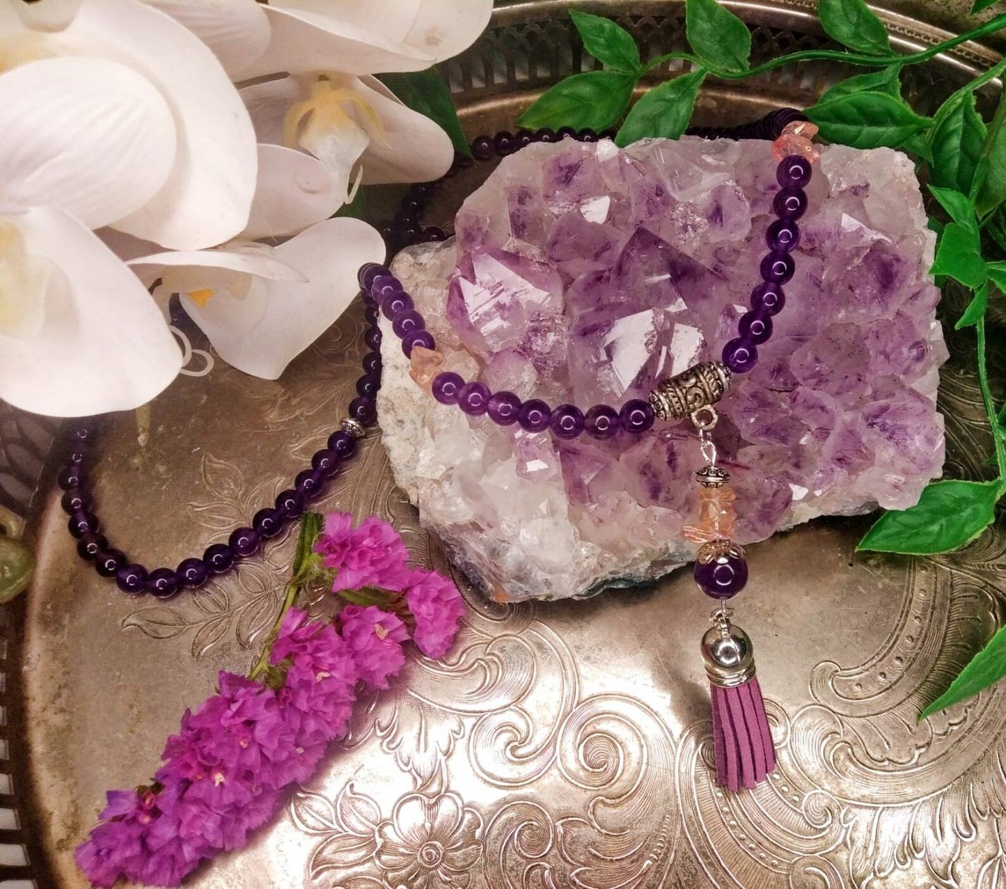 Handmade 108 Mala Necklace (Amethyst)