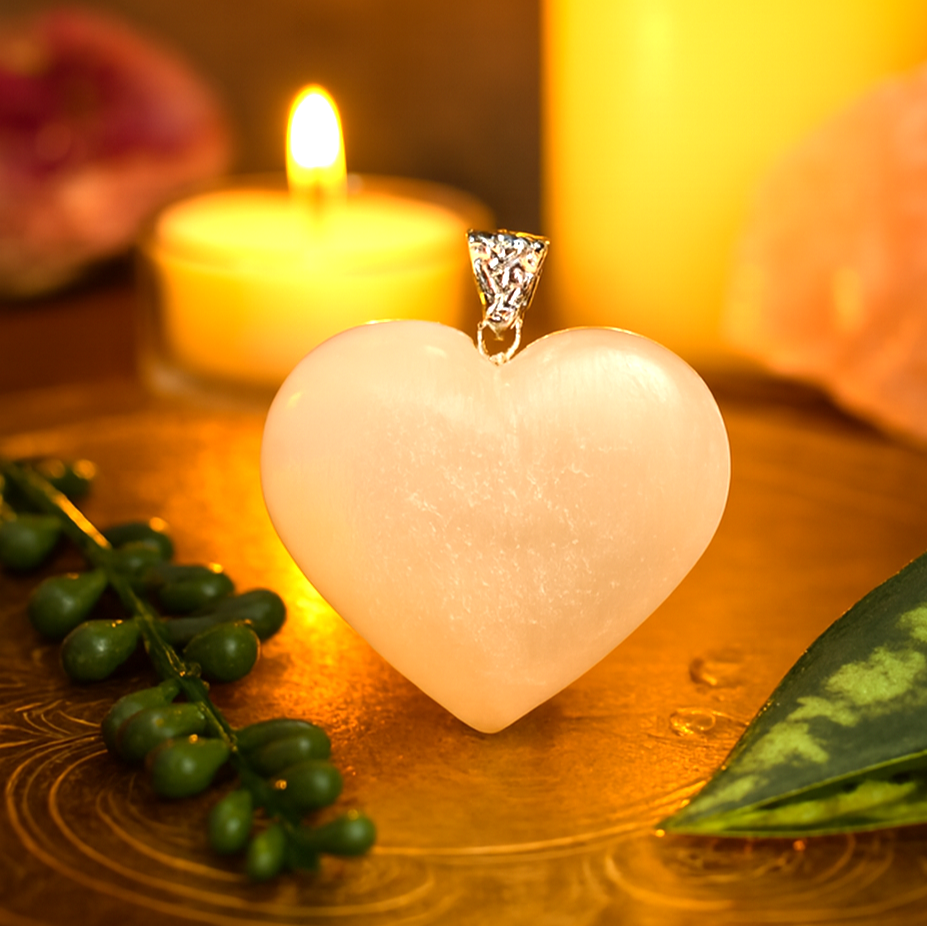 Selenite Heart Pendant Necklace (30mm)