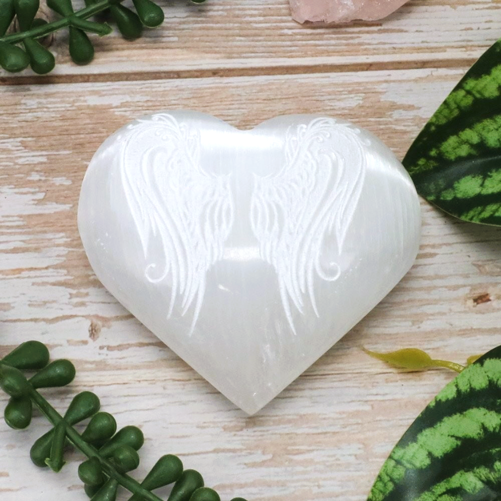 Selenite Heart with Angel Wings Engraving (70mm)