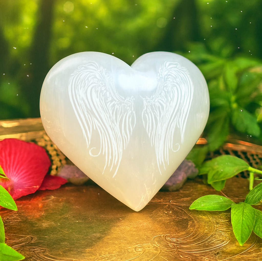 Selenite Heart with Angel Wings Engraving (70mm)