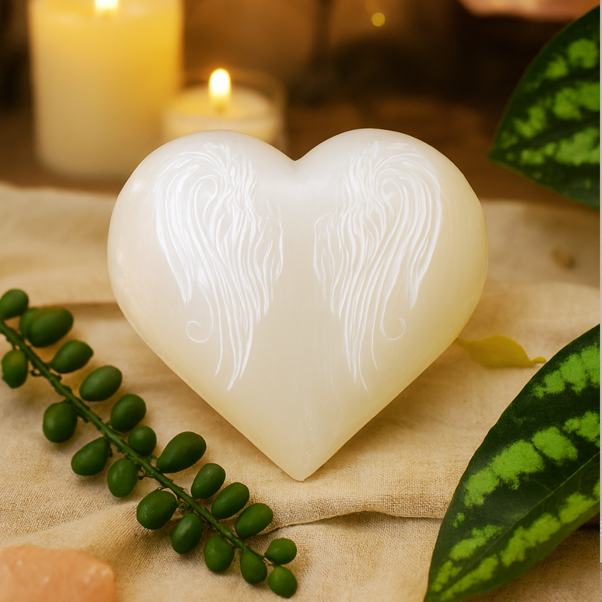 Selenite Heart with Angel Wings Engraving (70mm)