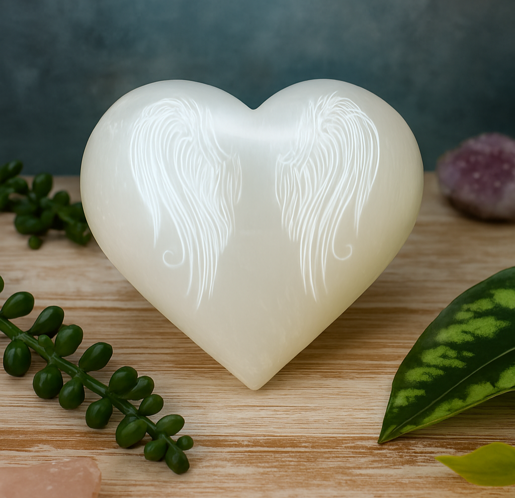 Selenite Heart with Angel Wings Engraving (70mm)