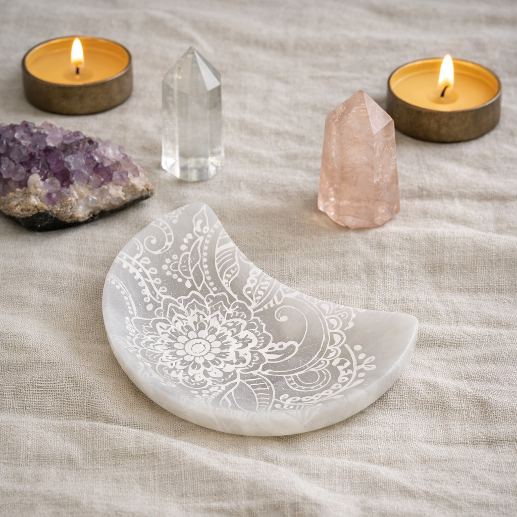 Beautifully Carved and Engraved White Selenite Crescent Moon Bowl