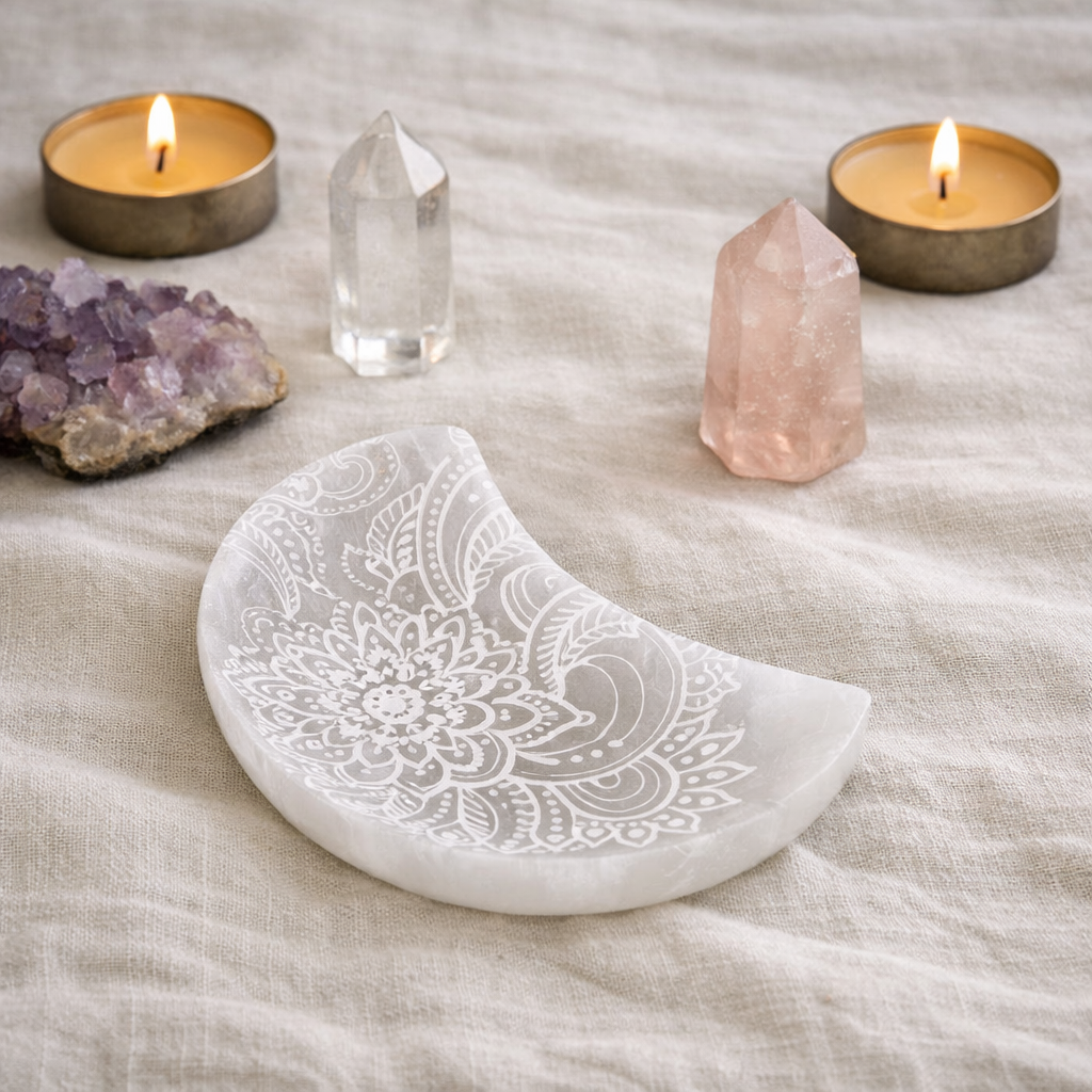 Beautifully Carved and Engraved White Selenite Crescent Moon Bowl