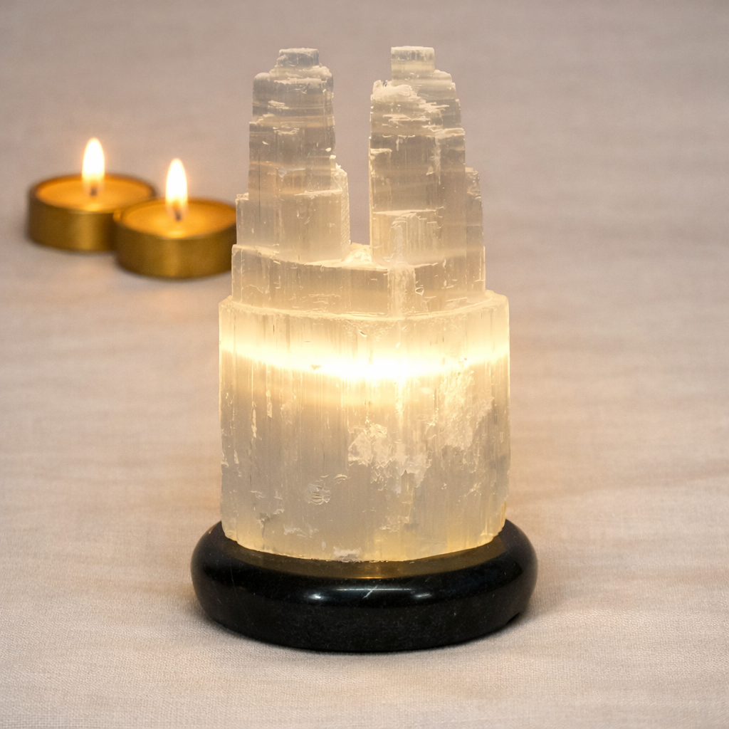 Selenite Twin Tower Lamp (20cm)