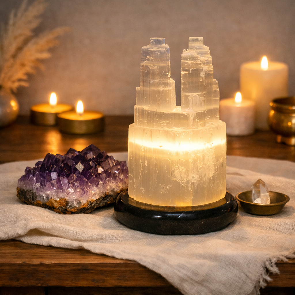 Selenite Twin Tower Lamp (20cm)