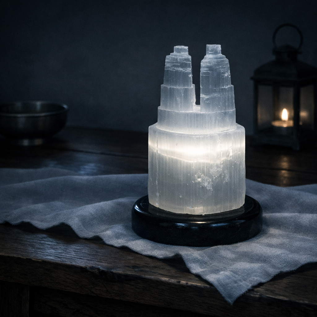 Selenite Twin Tower Lamp (20cm)