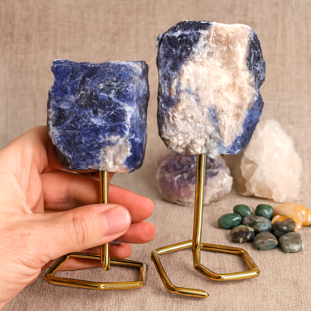 Raw Sodalite Crystals on Gold Stand - Crystal Display
