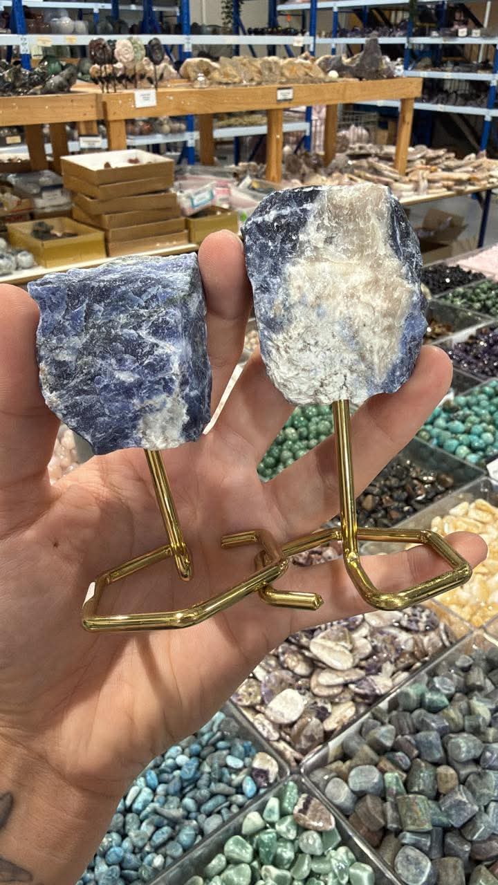 Raw Sodalite Crystals on Gold Stand - Crystal Display