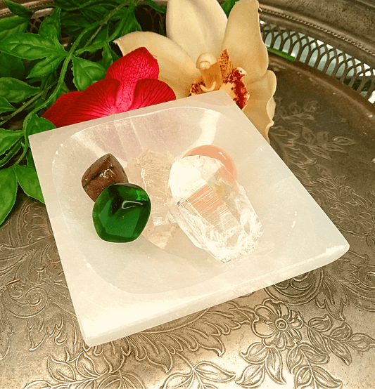 Beautifully Carved and Polished White Selenite Square Bowl - Spirit and Stardust