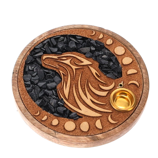 Wood Incense Burner – Wolf Black Onyx Inlay (10cm)