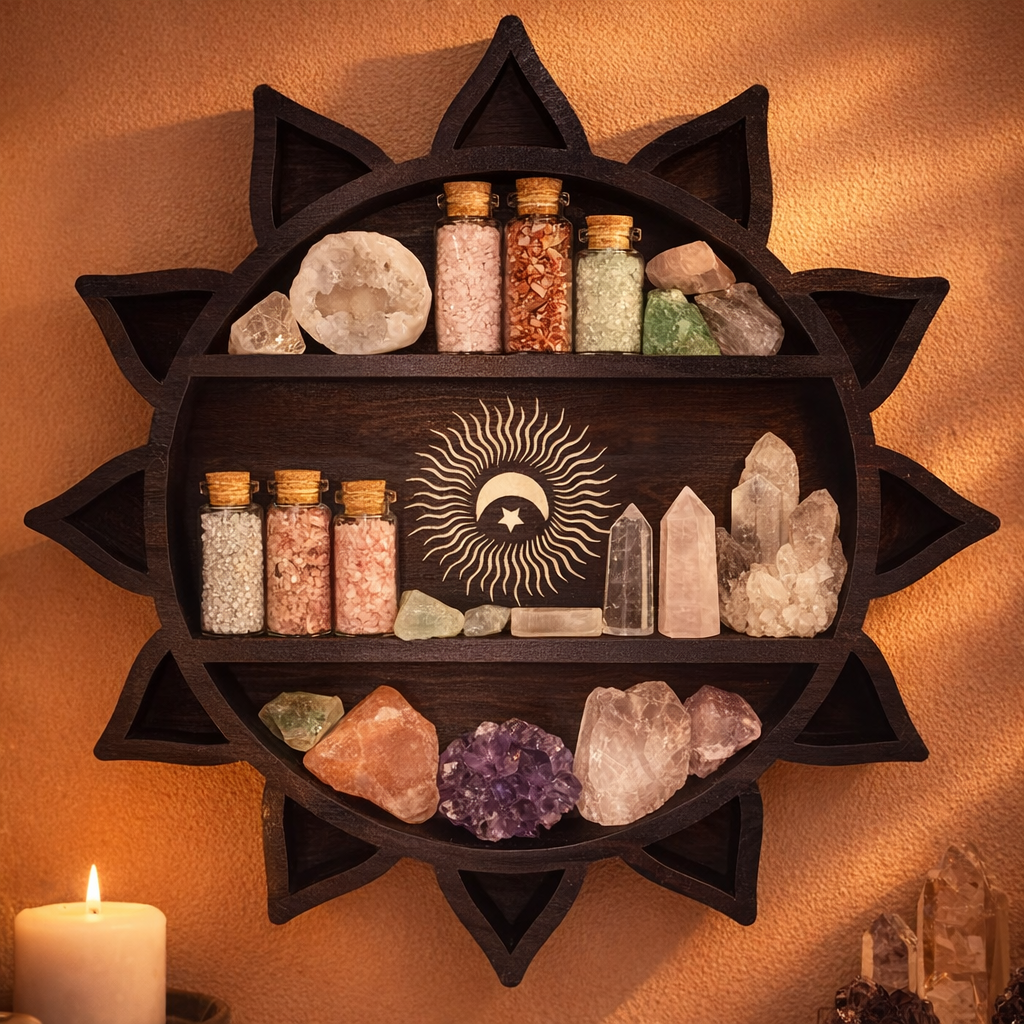 Sun & Moon Wooden Crystal Display Shelf – Spirit and Stardust