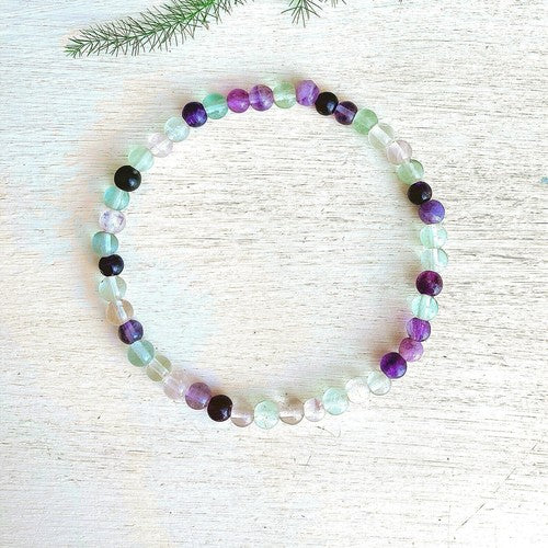 Amethyst, Lepidolite, Quartz, Rainbow Jasper, and Fluorite Bracelet Set for Sacred Balance (4mm)