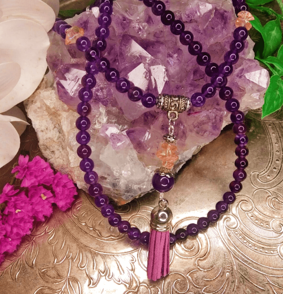 Amethyst Crystal Mala Bead Necklace - Spirit and Stardust
