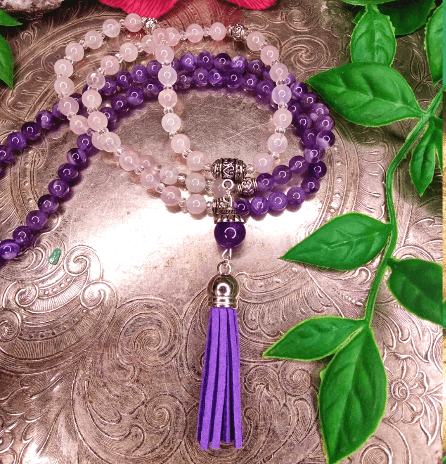 Amethyst and Rose Quartz Crystal Mala Bead Necklace - Spirit and Stardust