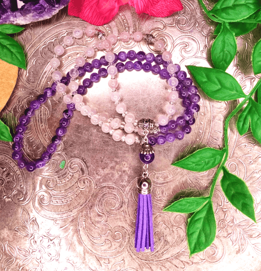 Amethyst and Rose Quartz Crystal Mala Bead Necklace - Spirit and Stardust
