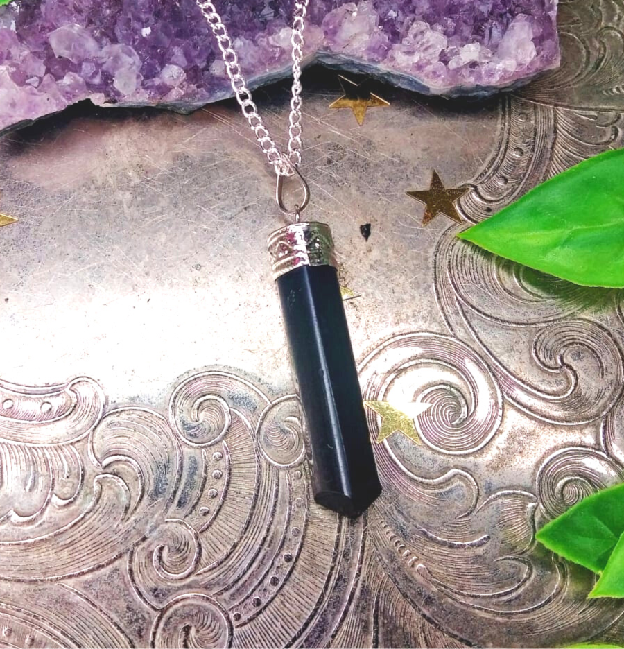 Black Tourmaline Generator Point Pendant Necklace