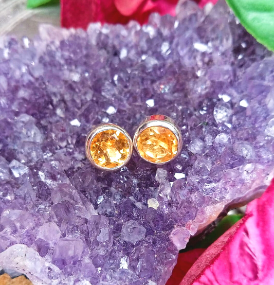 Citrine Sterling Silver Round Stud Earrings