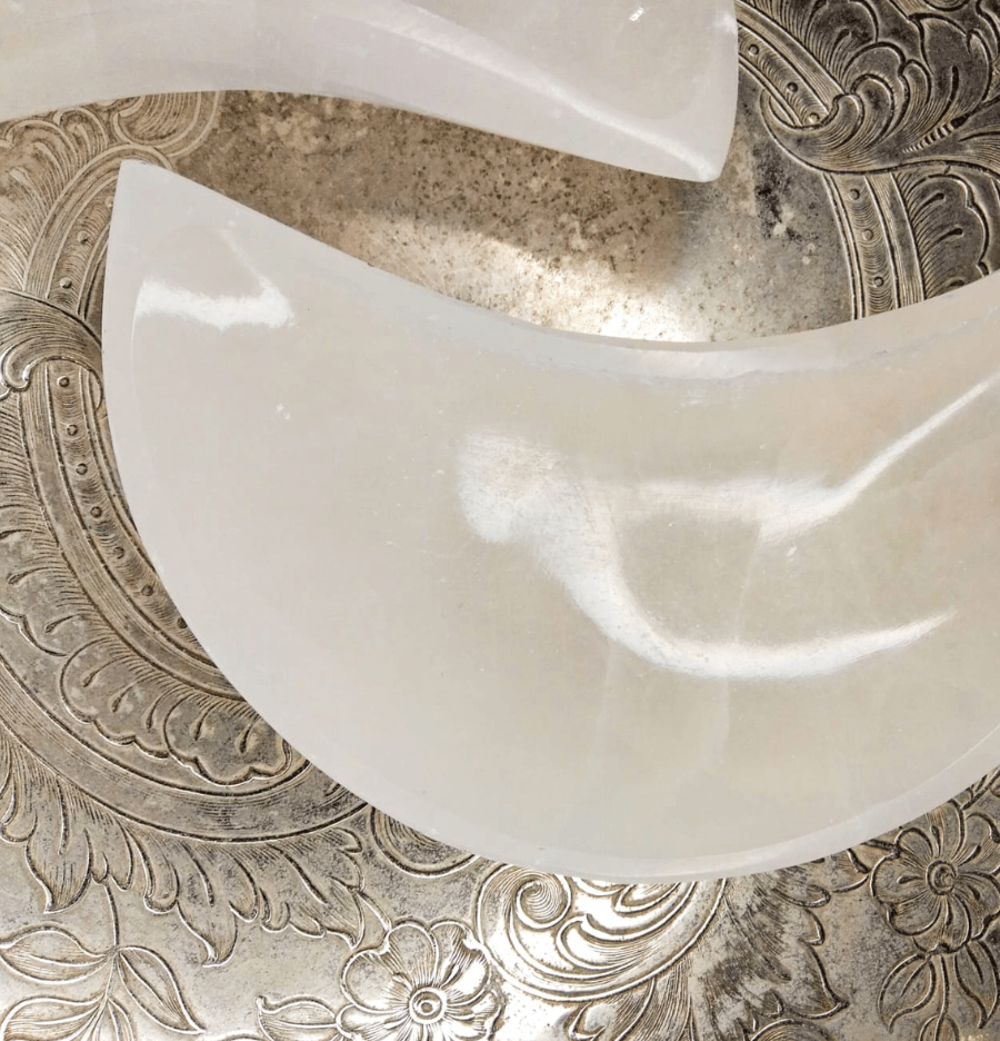 Beautifully Carved and Polished White Selenite Crescent Moon Bowl (Large) - Spirit and Stardust