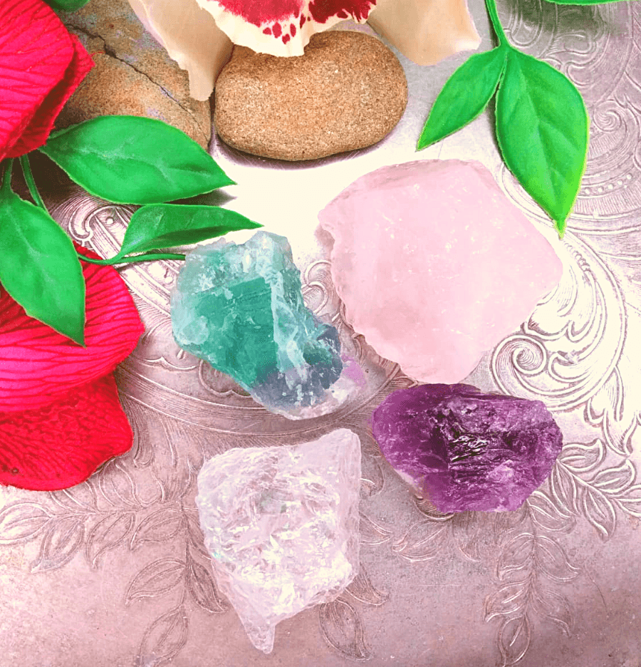 Fluorite, Rose Quartz, Amethyst and Clear Quartz Raw Combo - Spirit and Stardust